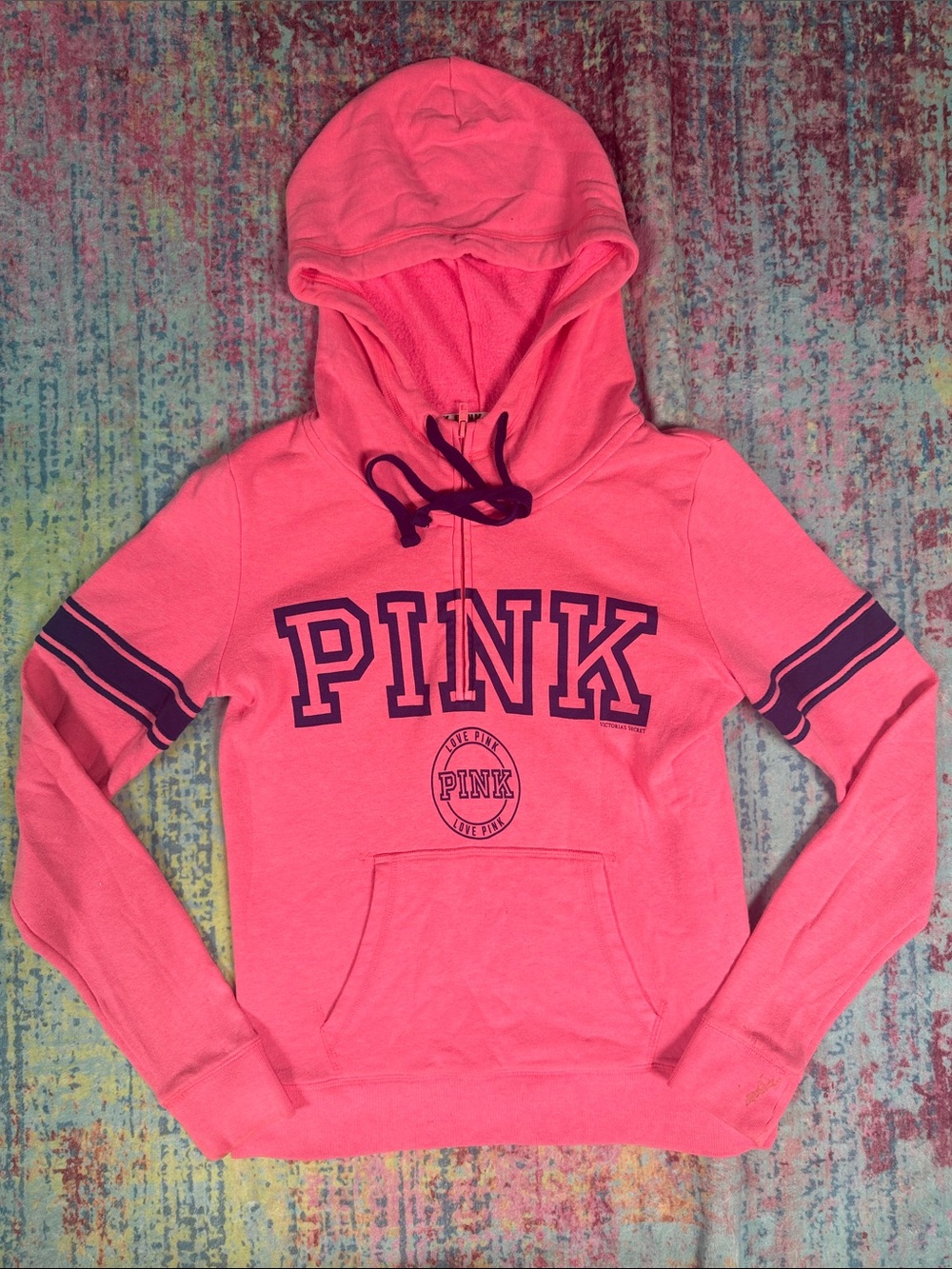 Victoria's Secret PINK Neon Coral Hooded Pullover with Navy Accents